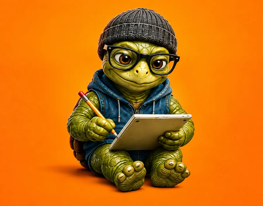 Drunken Turtle mascot sketching on a tablet