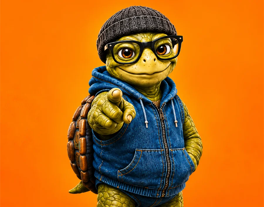 Drunken Turtle mascot pointing toward the viewer